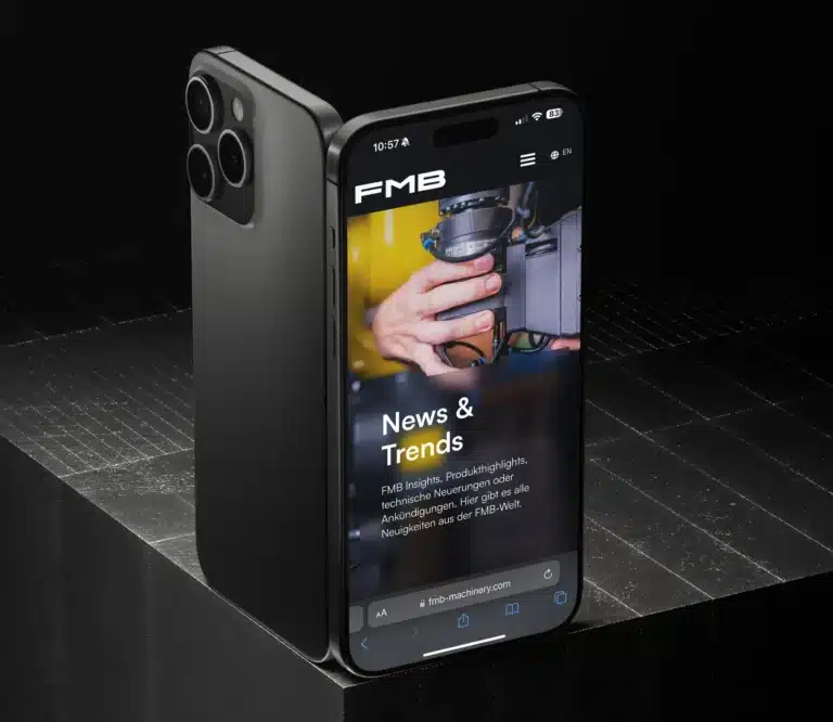 Hochauflösende mobile Ansicht des FMB Machinery Webdesigns, German Design Award 2025
