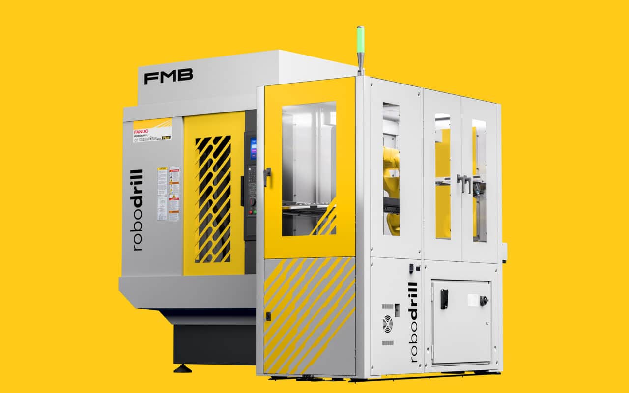 Freigestelltes Rendering der FMB robodrill Automationszelle mit gelben Moving Stripes auf gelbem Hintergrund