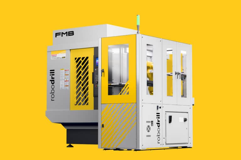 Freigestelltes Rendering der FMB robodrill Automationszelle mit gelben Moving Stripes auf gelbem Hintergrund