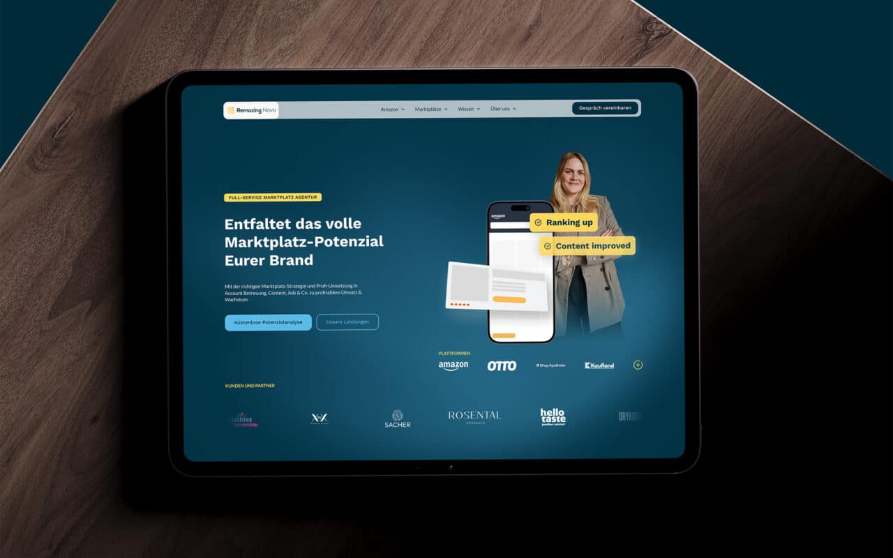 Startseite der neuen Remazing Nova Website mit der Headline Entfaltet das volle Marktplatz-Potenzial Eurer Brand auf einem Tablet