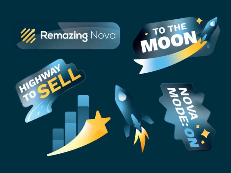Sticker-Set von Remazing Nova mit Logo, Rakete, Balkendiagramm mit Stern und den Sprüchen To the Moon, Highway to Sell und Nova Mode on