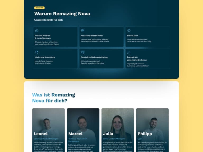 Karriereseite der Remazing Nova Website mit Benefit-Kacheln und Porträts von Teammitgliedern mit Zitaten